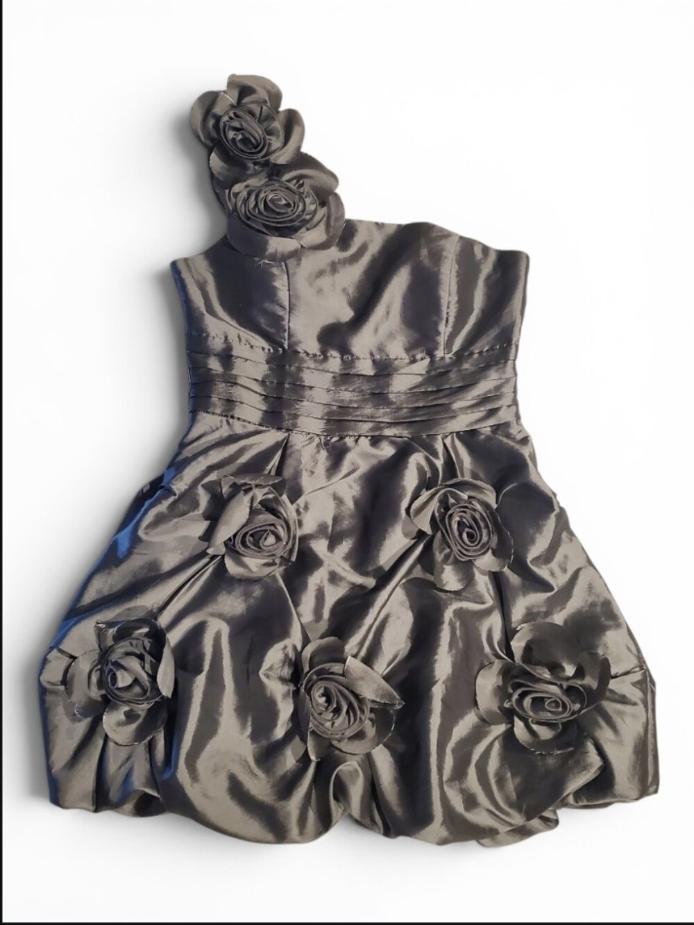 Daisy Metallic Gray Silver Short Formal Dress Rose Floral Applique One-Shoulder